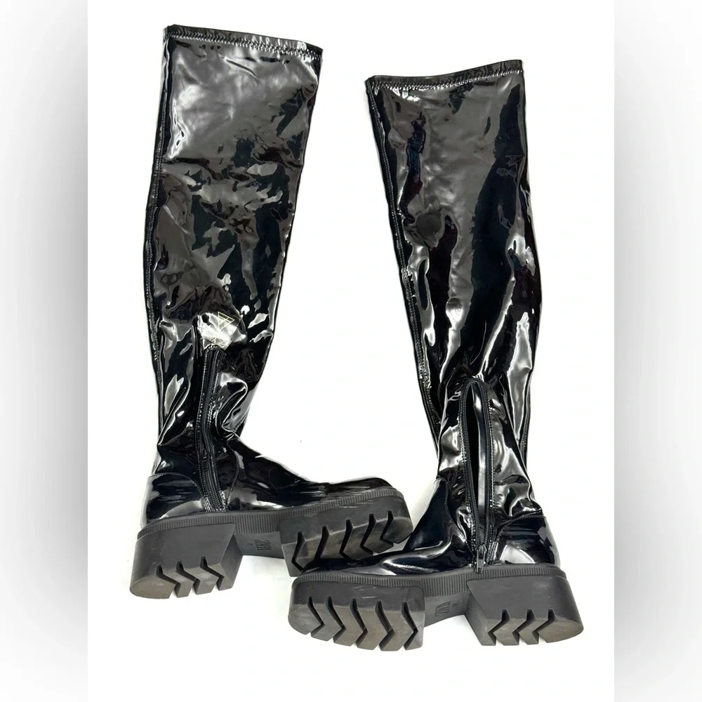Zara‎ Woman Faux Patent Leather Knee High Boots Black 3008/810 Sz 37